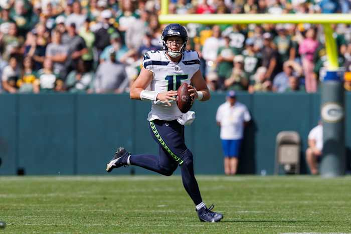 Seattle Seahawks quarterback Holton Ahlers (15) looks to throw a pass during the fourth quarter against the Green Bay Packers at Lambeau Field.